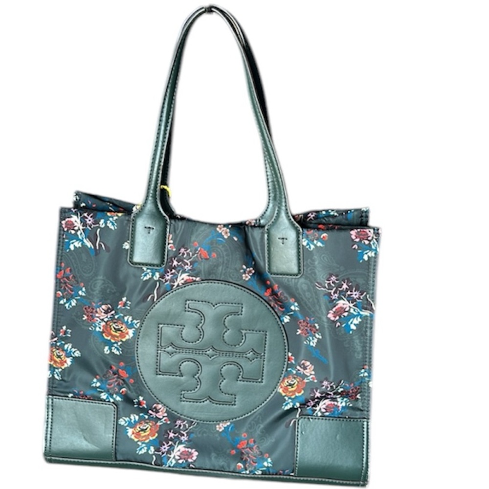 Tory Burch Ella Green Floral Nylon Bag with Dark Green Straps, Details & Bottom